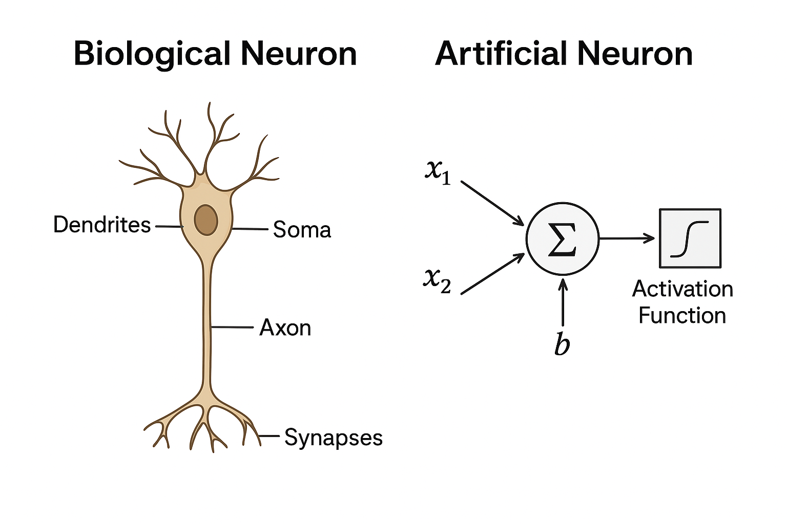 Diagram of a biological neuron showing dendrites, soma, axon, and synapses