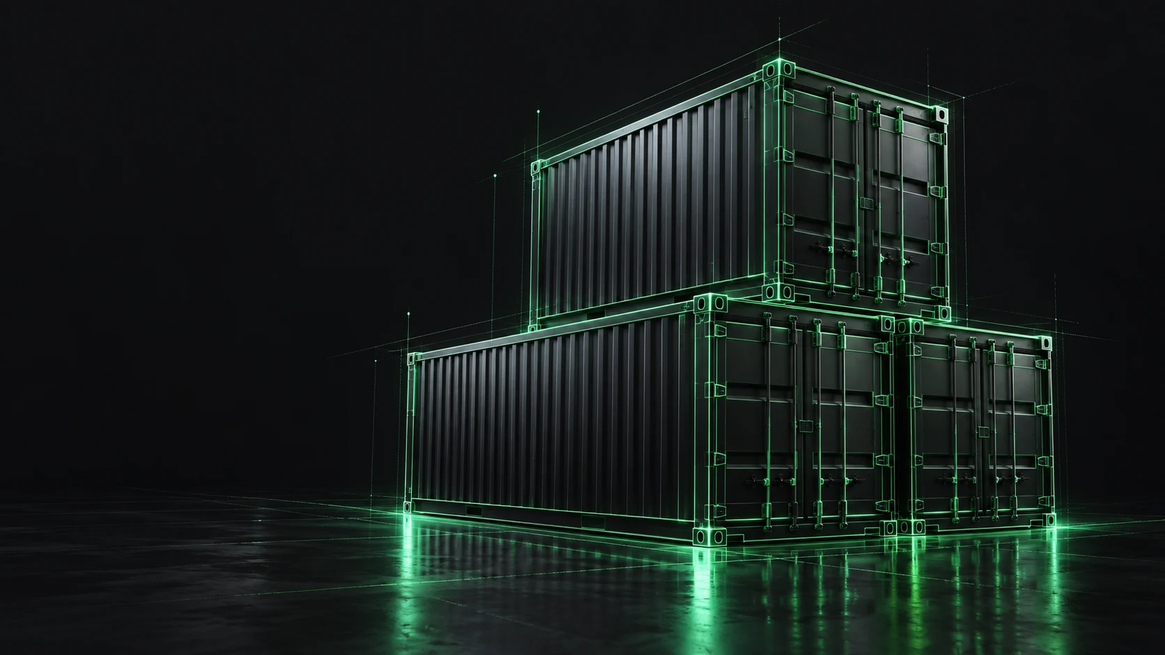 Emerald wireframe container architecture illustrating isolated environments